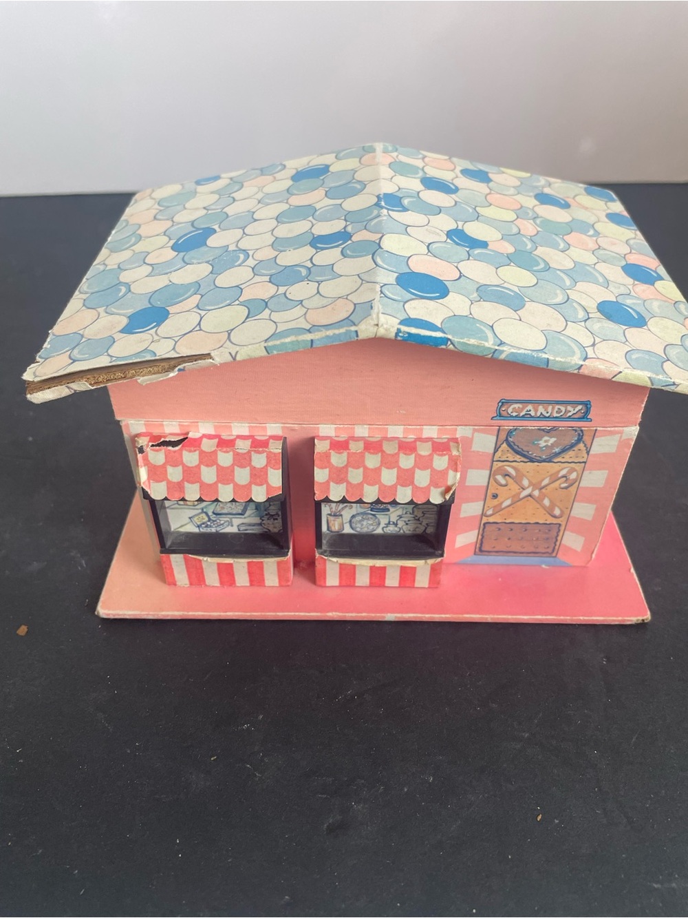 Vintage Pink Candy Shop Jewelry Box with Patterned Roof